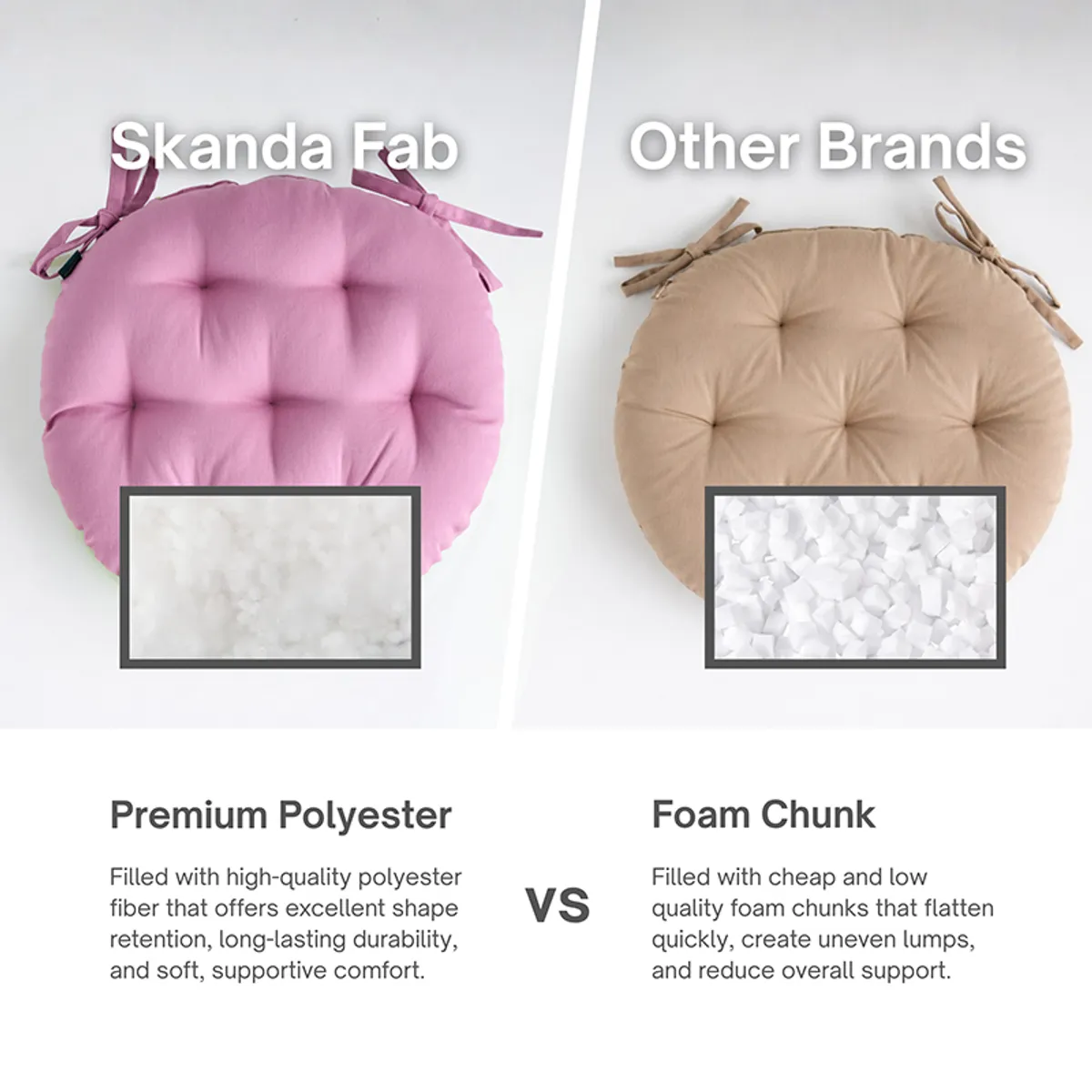 Round lilac chair pad shown in a comparison layout with another beige pad