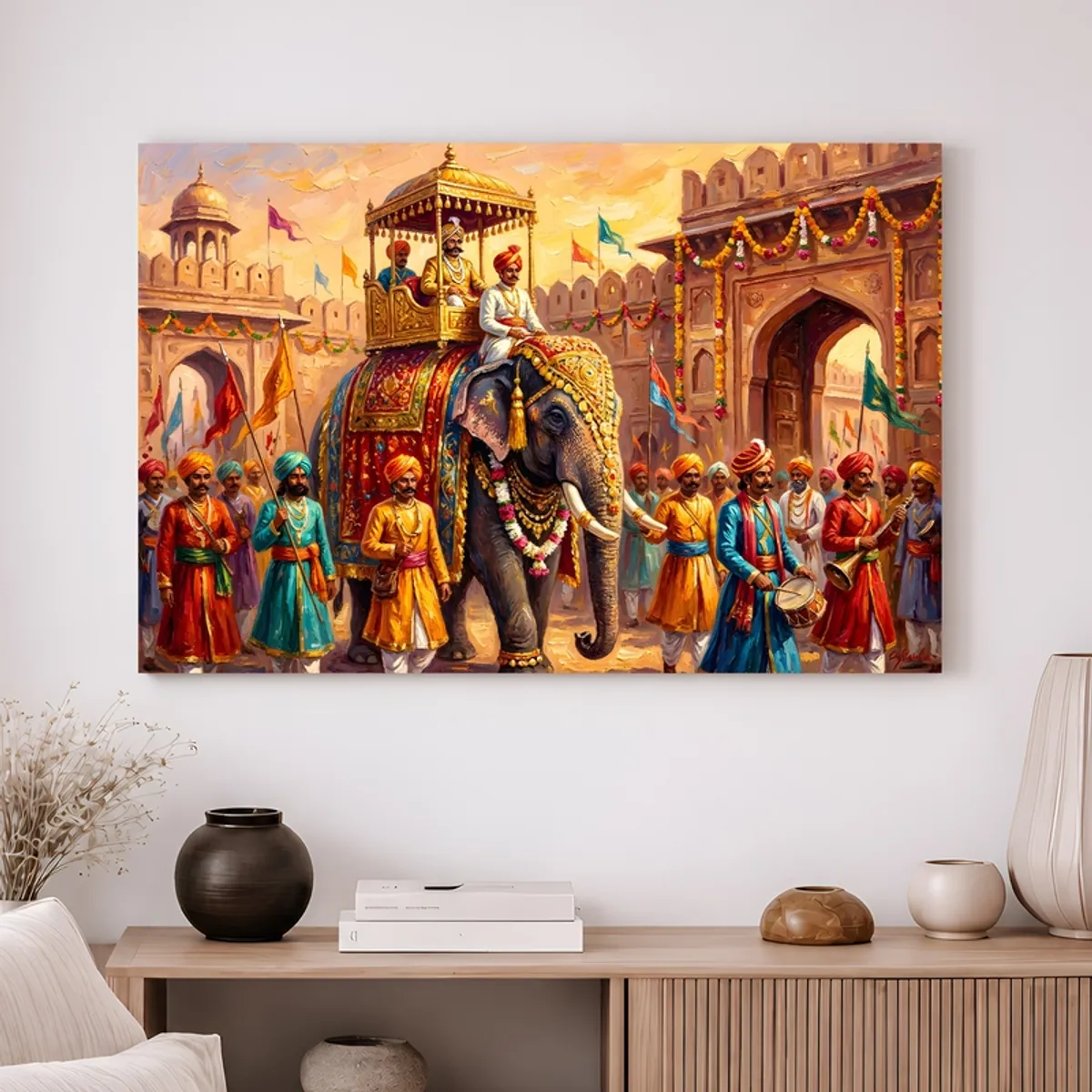 Rajasthani elephant procession wall painting displayed in a living room