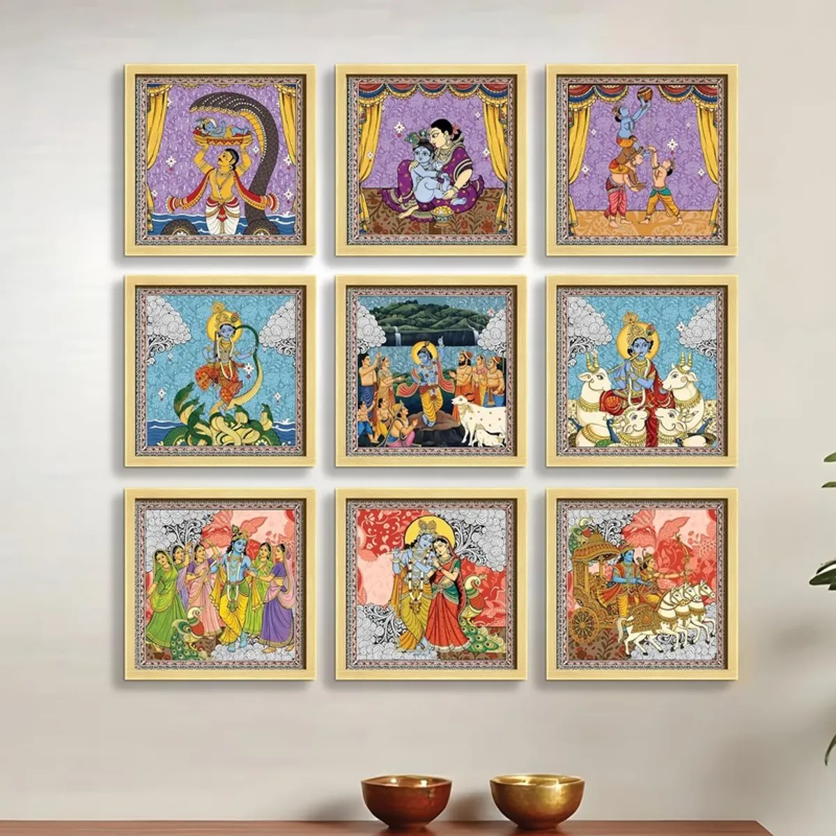 Nine colourful framed Krishna artworks displayed in a balanced gallery arrangement