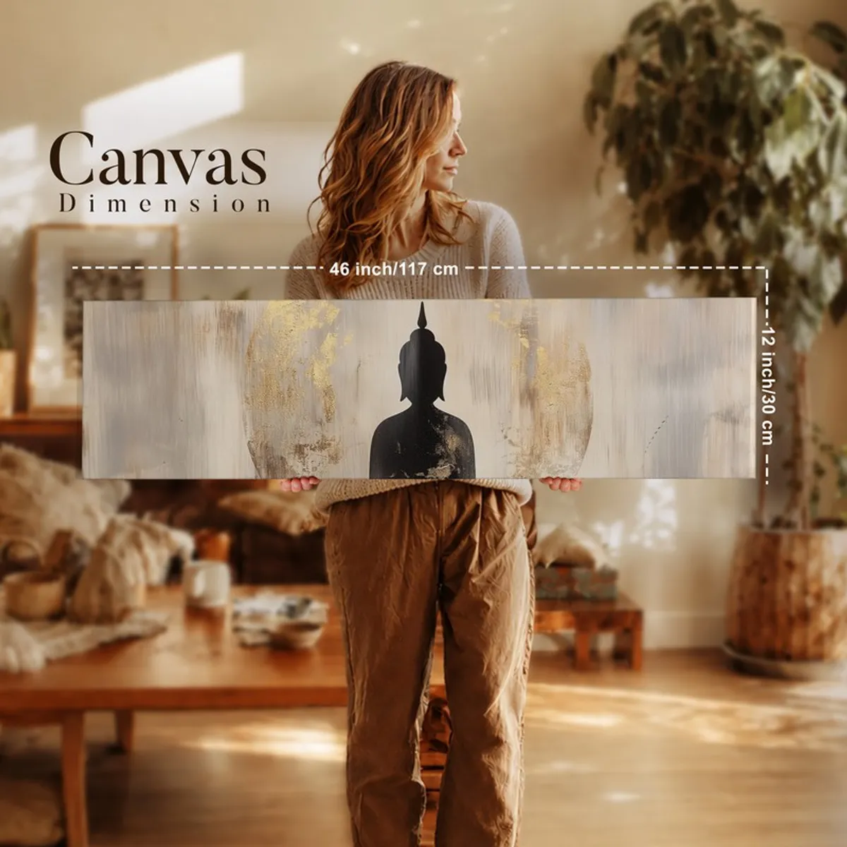 Rectangular Buddha canvas art shown being held in a room setting