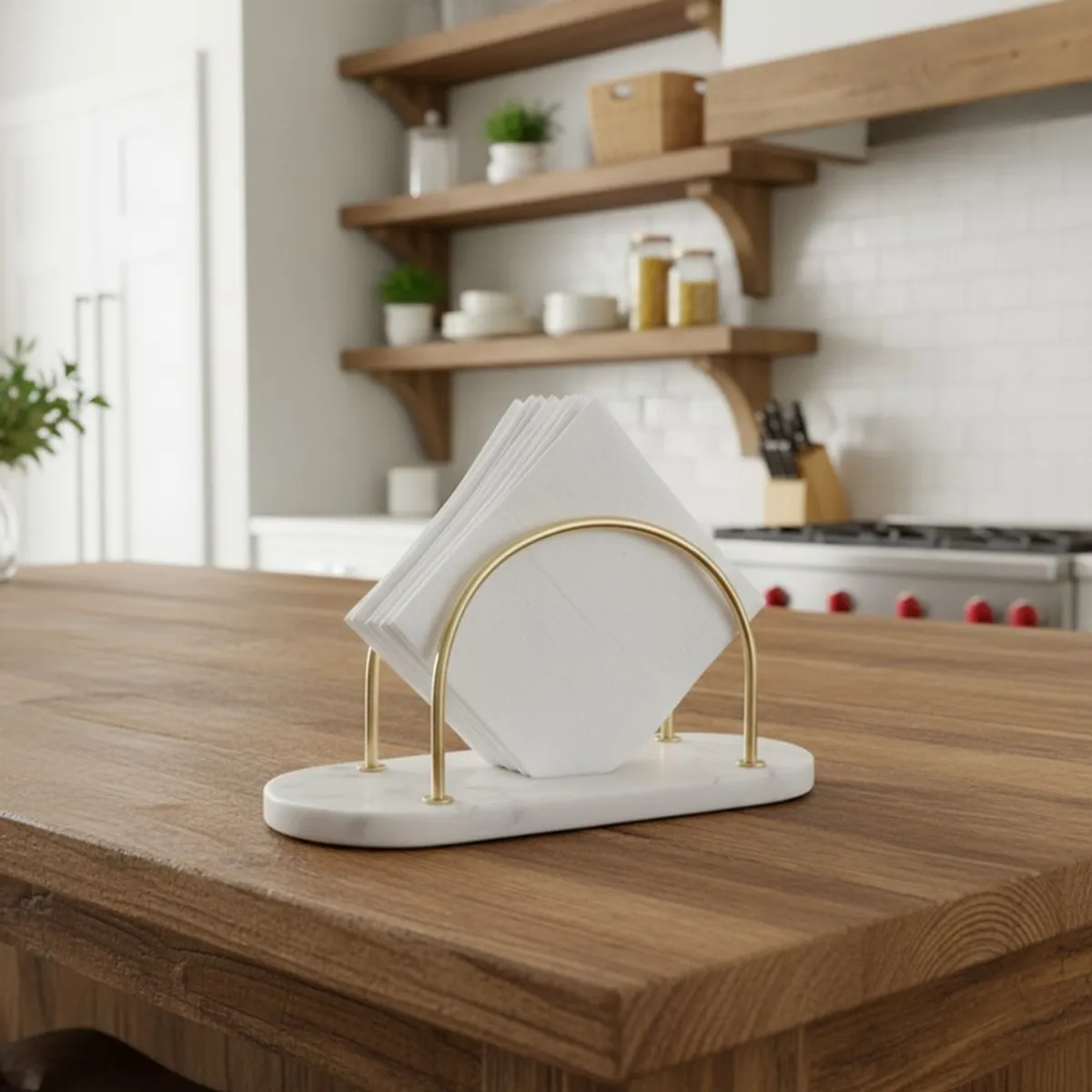 White marble tissue holder with gold frame on a kitchen island