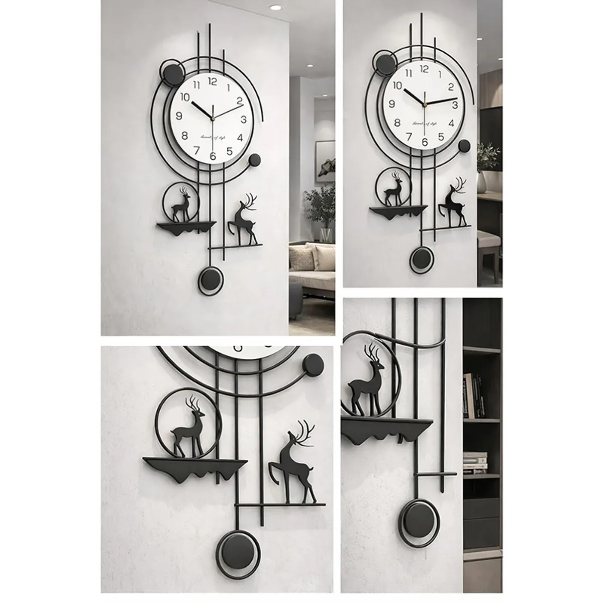 Collage showing full view and close-up details of the black metal wall clock