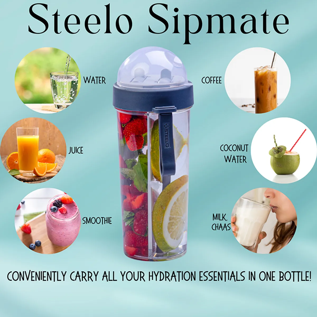 Clear dual-compartment bottle with black lid shown with beverage use examples
