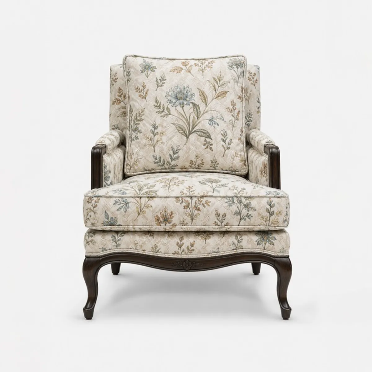 Front view of a cream floral lounge chair with dark curved wooden legs