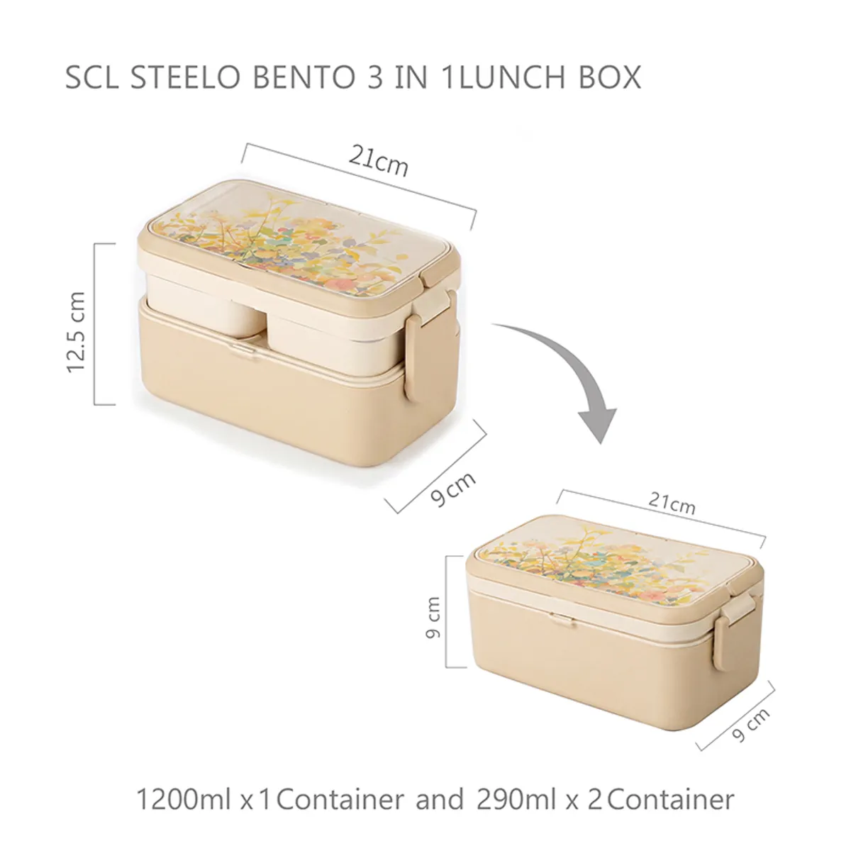 Beige floral lunch box shown with its length, breadth and height measurements.
