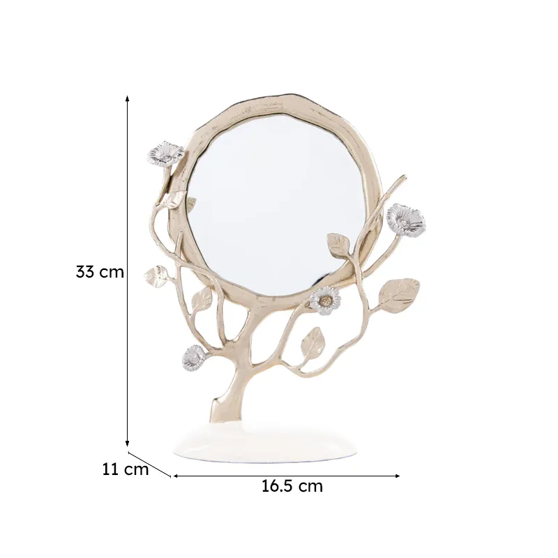 Floral mirror shown with arrows indicating its height, width and depth dimensions.