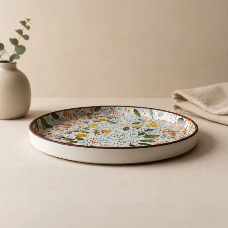 Side view of a shallow round ceramic plate with botanical print