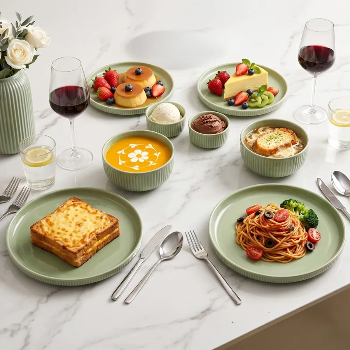 Sage green dinner set styled with plated food, bowls and glasses on a dining table