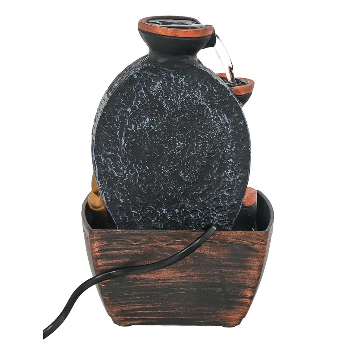 Rear view of the Buddha fountain showing the textured back and power cord