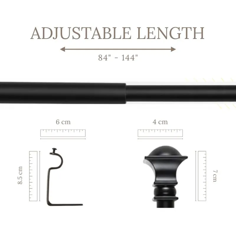 Extendable black curtain rod with round finial shown with size graphic