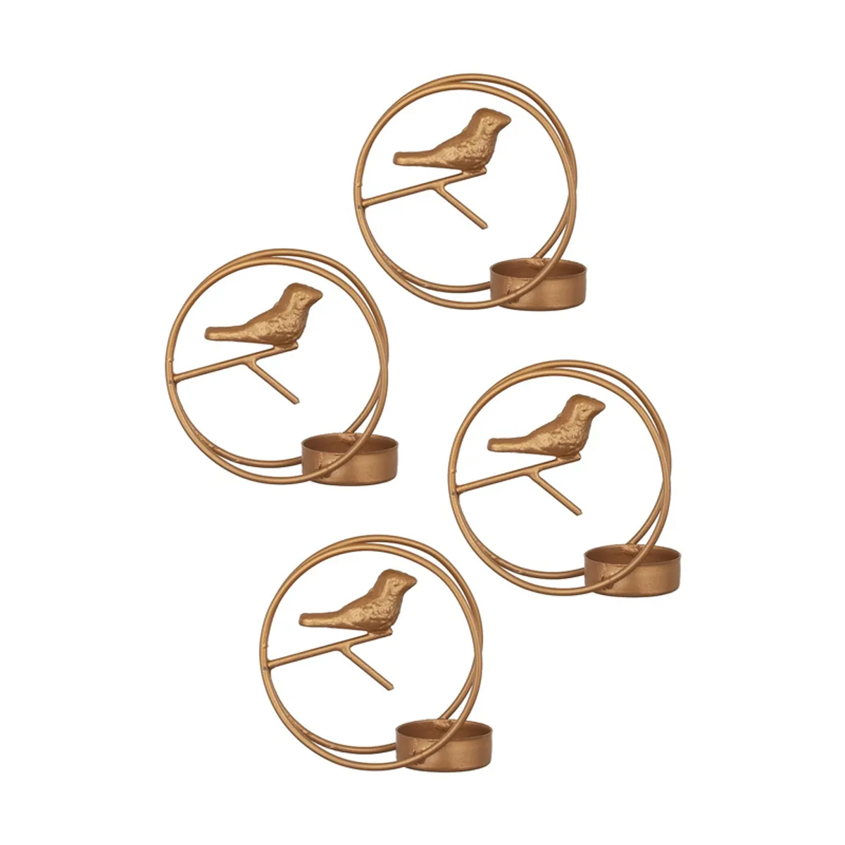 Four gold bird-shaped tealight holders displayed against a white background