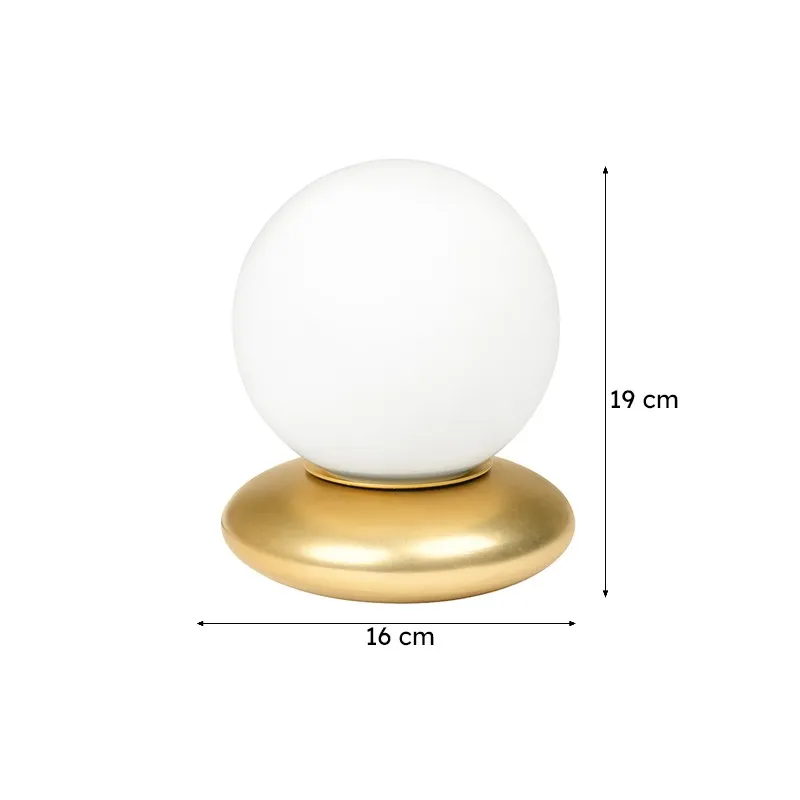 White globe table lamp with gold base and visible 16 cm x 19 cm dimensions