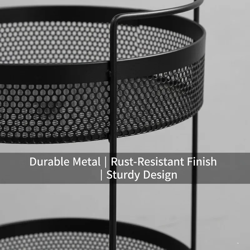 Close view of the organiser's black perforated metal finish and slim supports