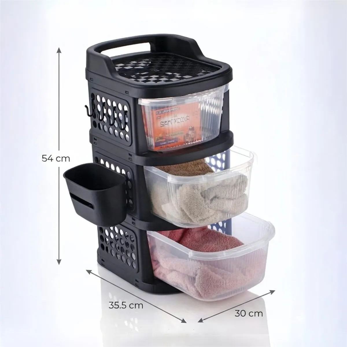 Black three-tier organiser rack with arrows showing its height, width and depth