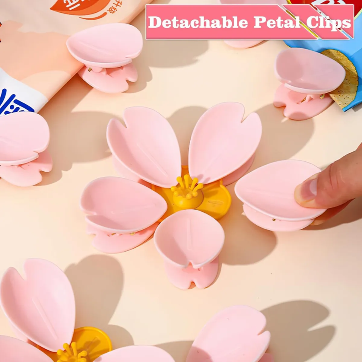 Several pink petal clips displayed with the flower-shaped magnetic holder.