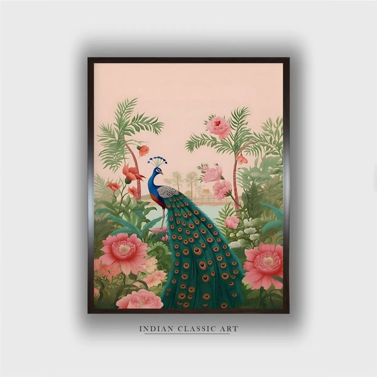 Rectangular framed painting of a peacock among pink flowers and foliage