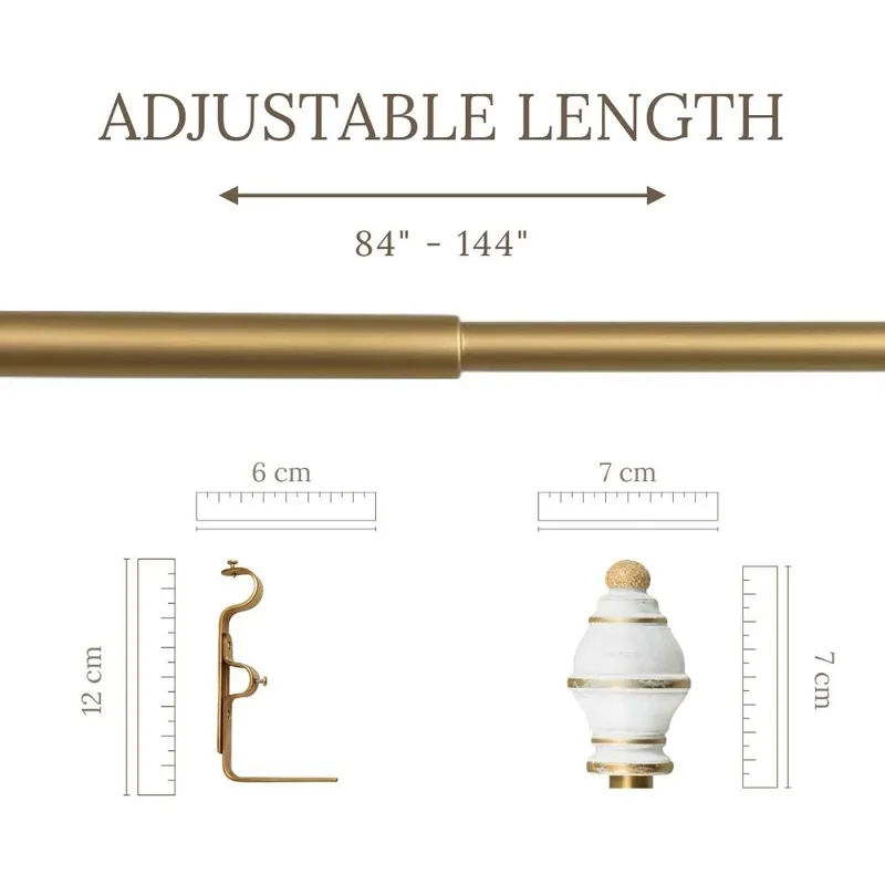 Extendable curtain rod shown with bracket and finial detail