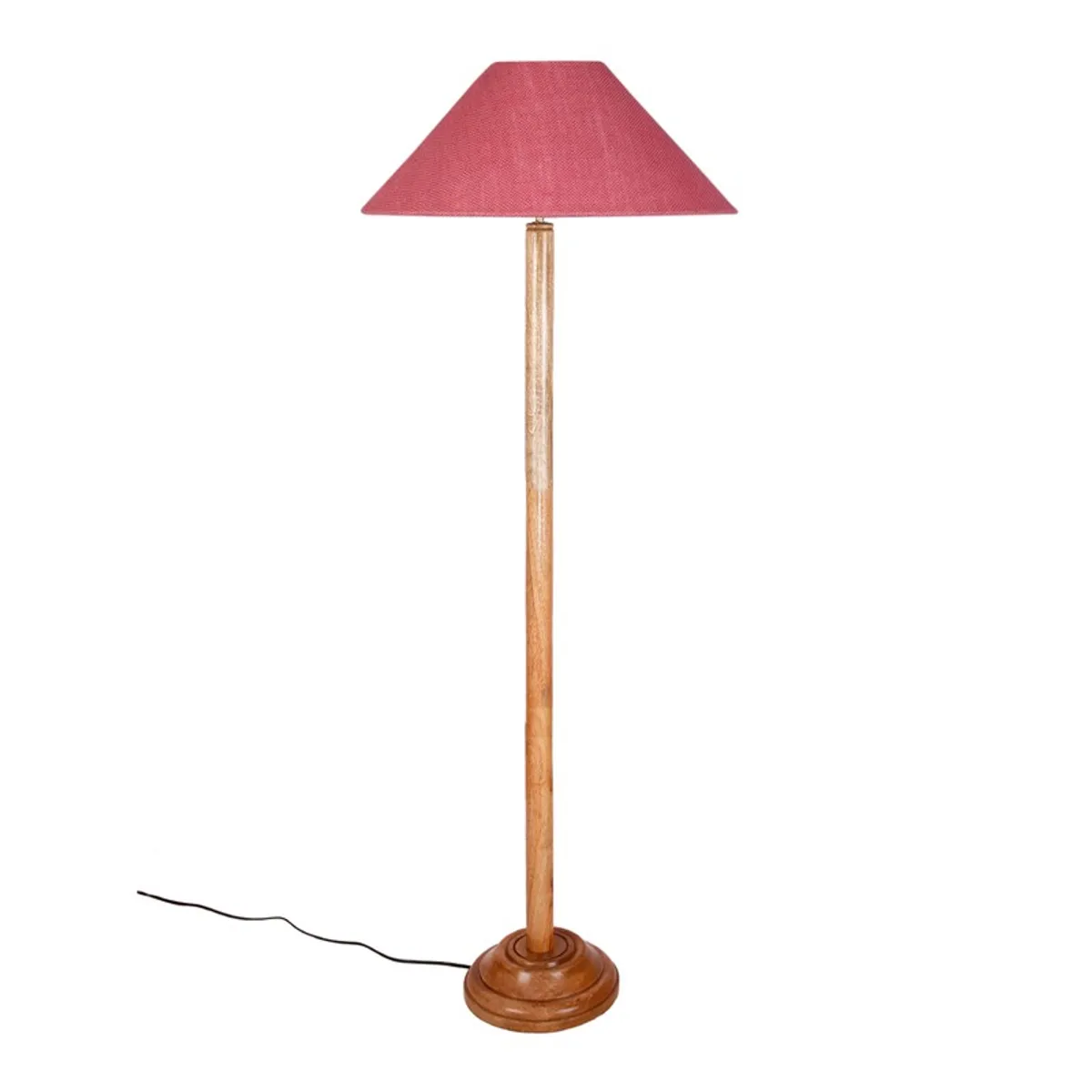 Tall wooden floor lamp with a pink shade and visible cord on a white background
