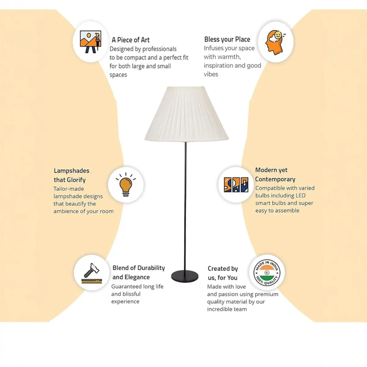 Pleated floor lamp shown in a product features infographic layout