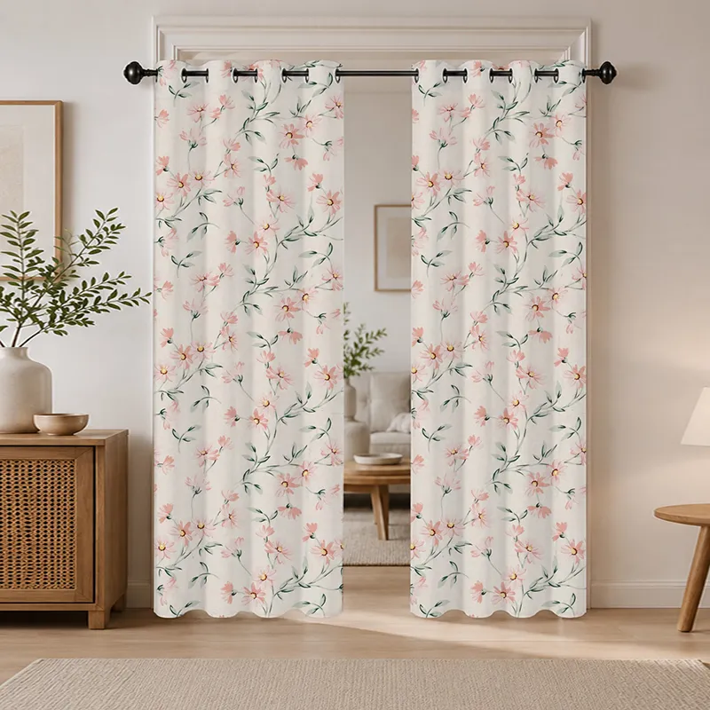 Two floral cotton curtain panels framing a doorway in a bright living room