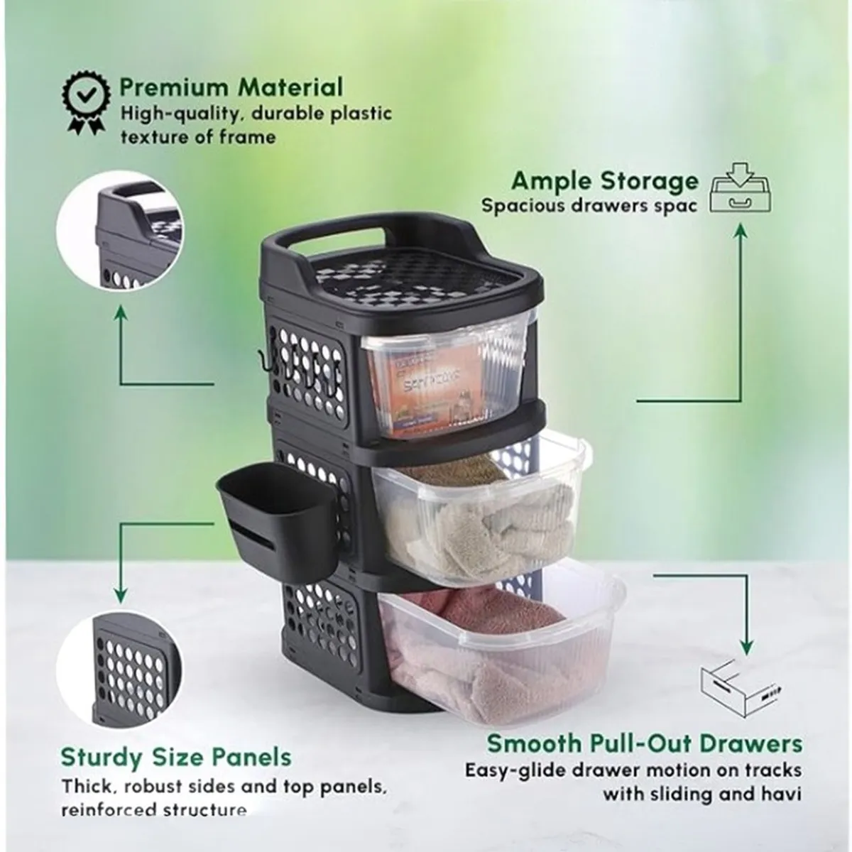 Black plastic organiser rack with drawers, side basket and integrated top handle