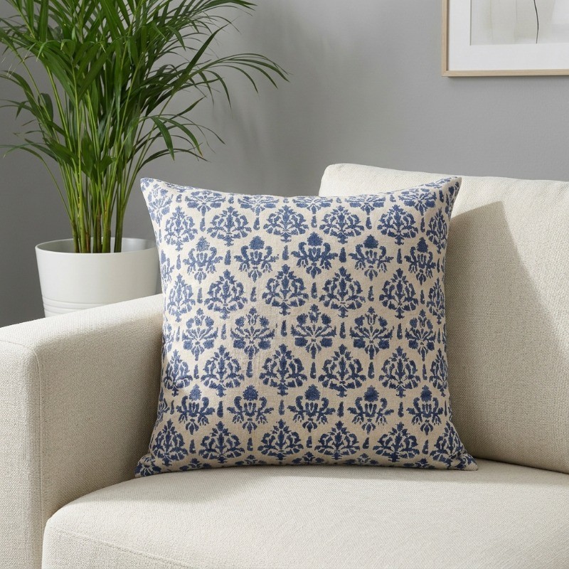 Blomira Printed Cotton Cushion Cover - White,Blue