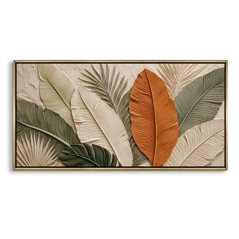 Rectangular framed canvas with layered tropical leaves in earth tones