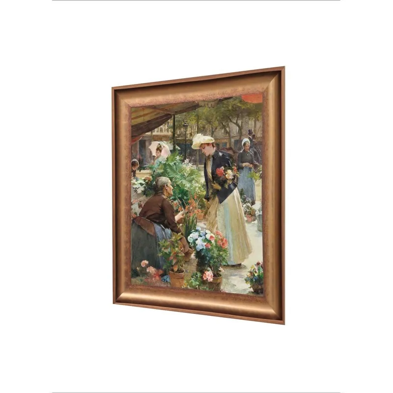 Angled view of the framed flower market canvas wall painting