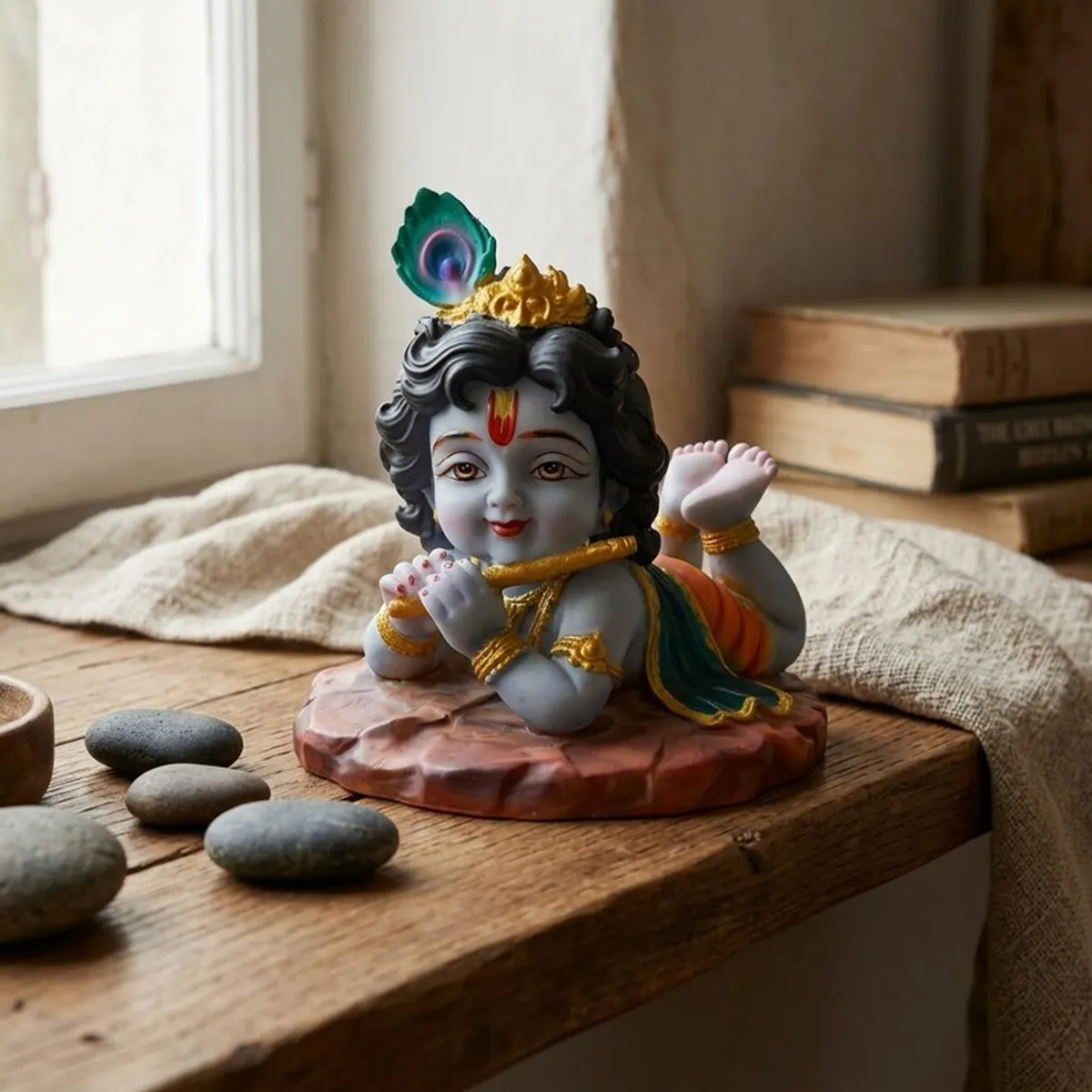Gopal idol displayed on a wooden table beside decorative stones