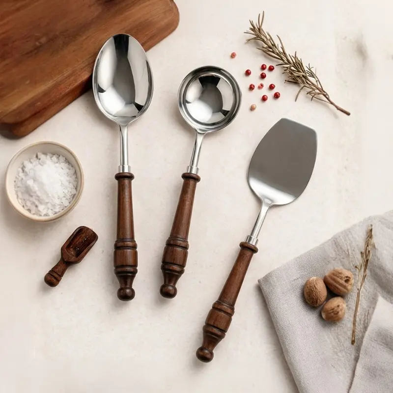 Heritage Twist Stainless Steel & Wood Serving Spoon - Three Piece Set