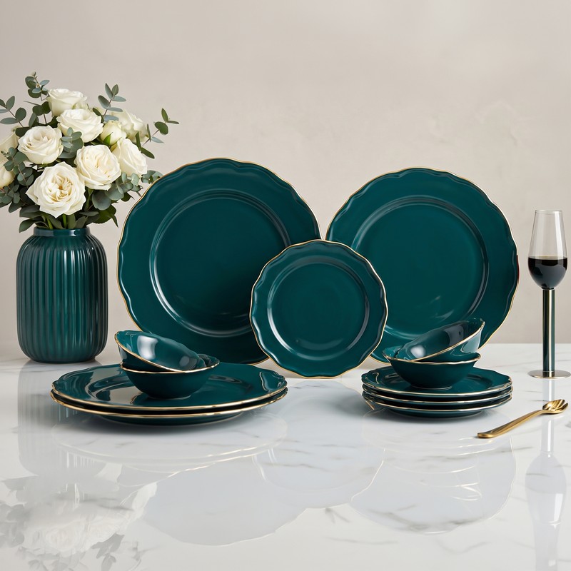 Westcott Porcelain Dinner Set (Dark Teal & Gold) - 12 Piece Set