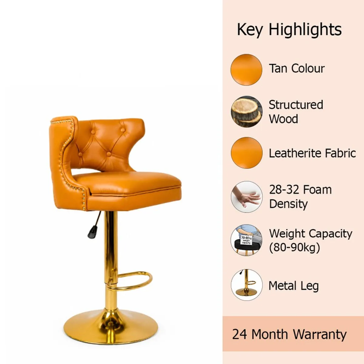 Orange swivel bar stool shown with visible upholstery and gold-toned base