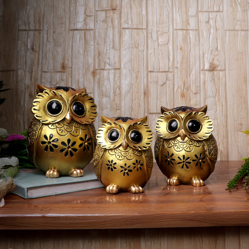 Great Horned Owl Showpiece (Gold) - Set of Three