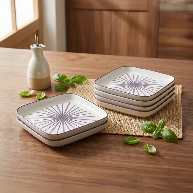 Set of square patterned snack plates styled on a wooden dining table