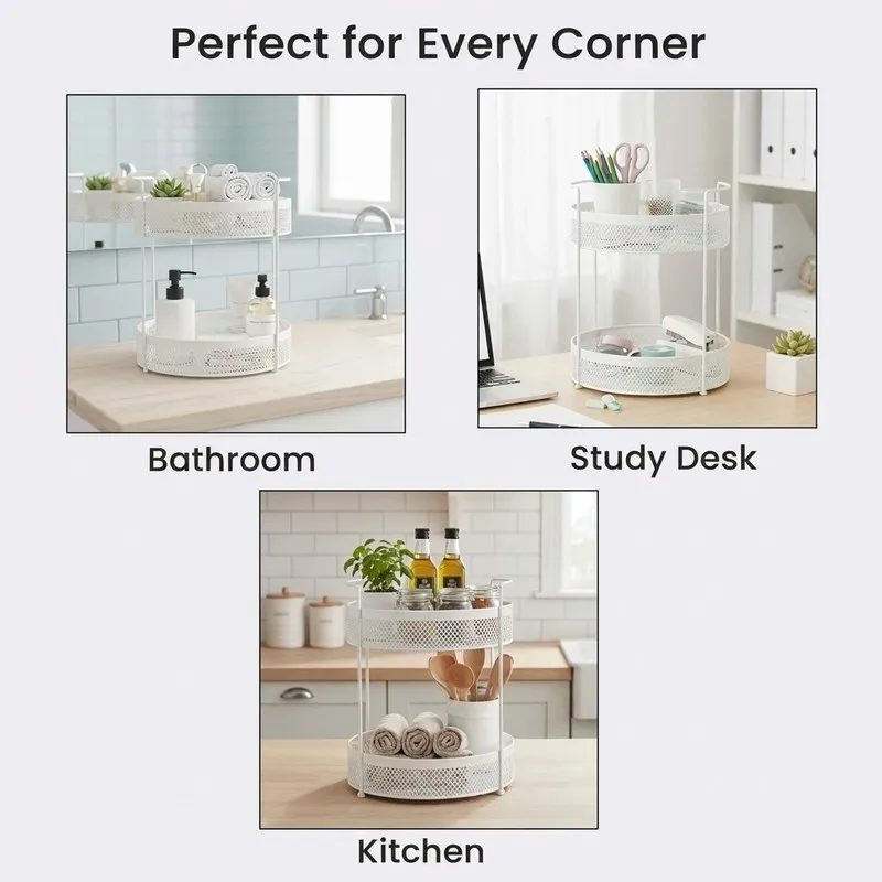 White two-tier organiser shown in bathroom, study desk and kitchen settings