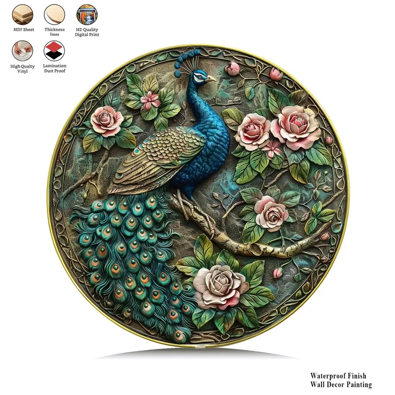 Front view of round wall art featuring a blue peacock and blooming flowers