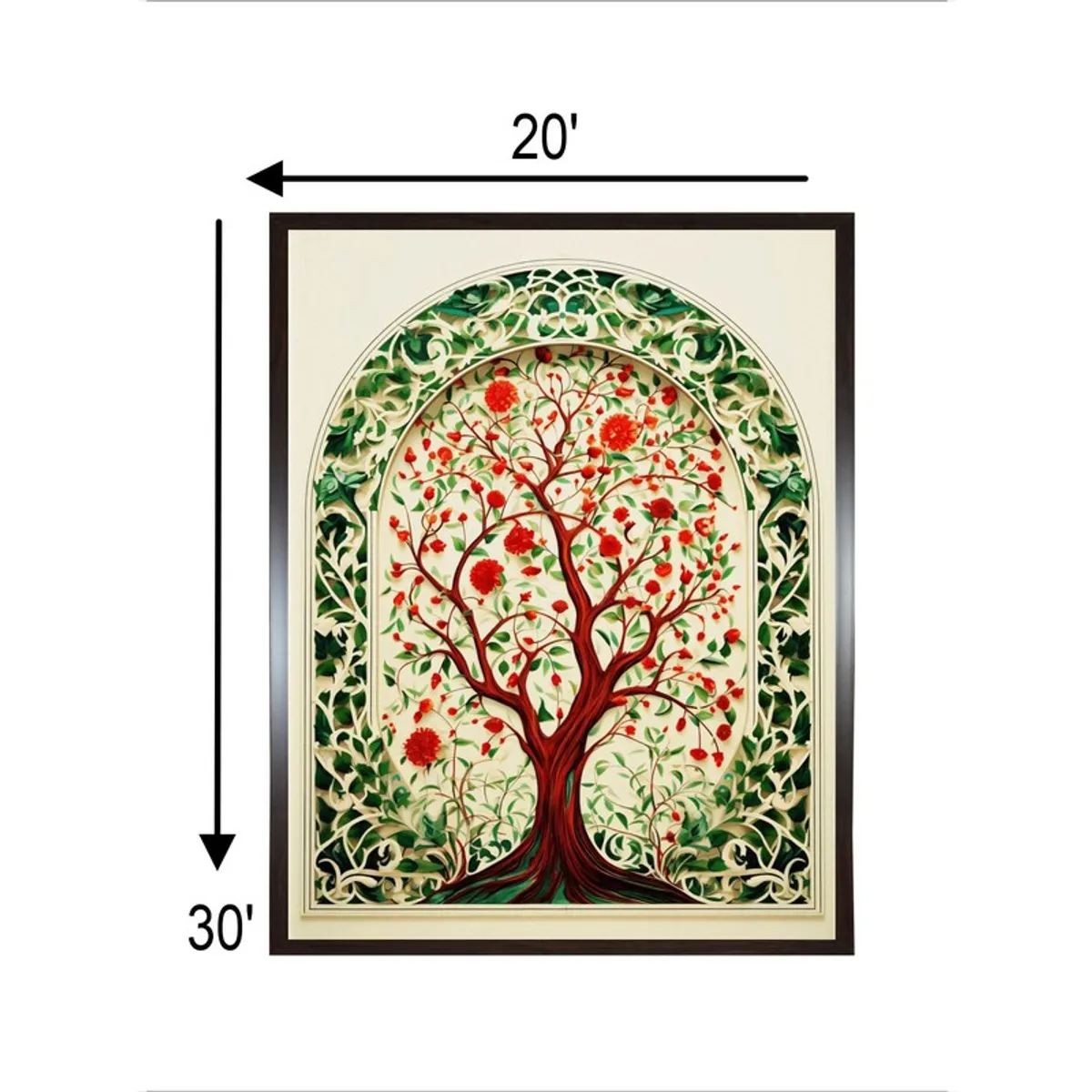 Framed ornamental tree arch wall painting shown with size markers