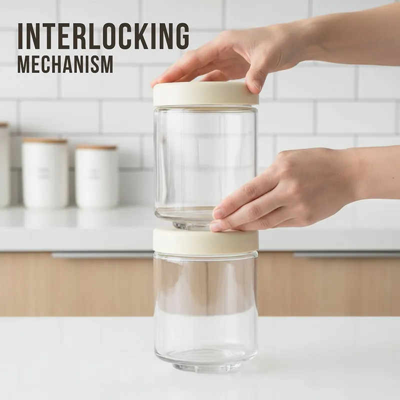 Hands demonstrating two clear containers with an interlocking stack