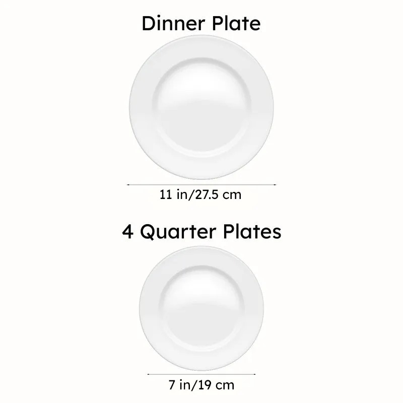 Size guide showing one dinner plate and four quarter plates
