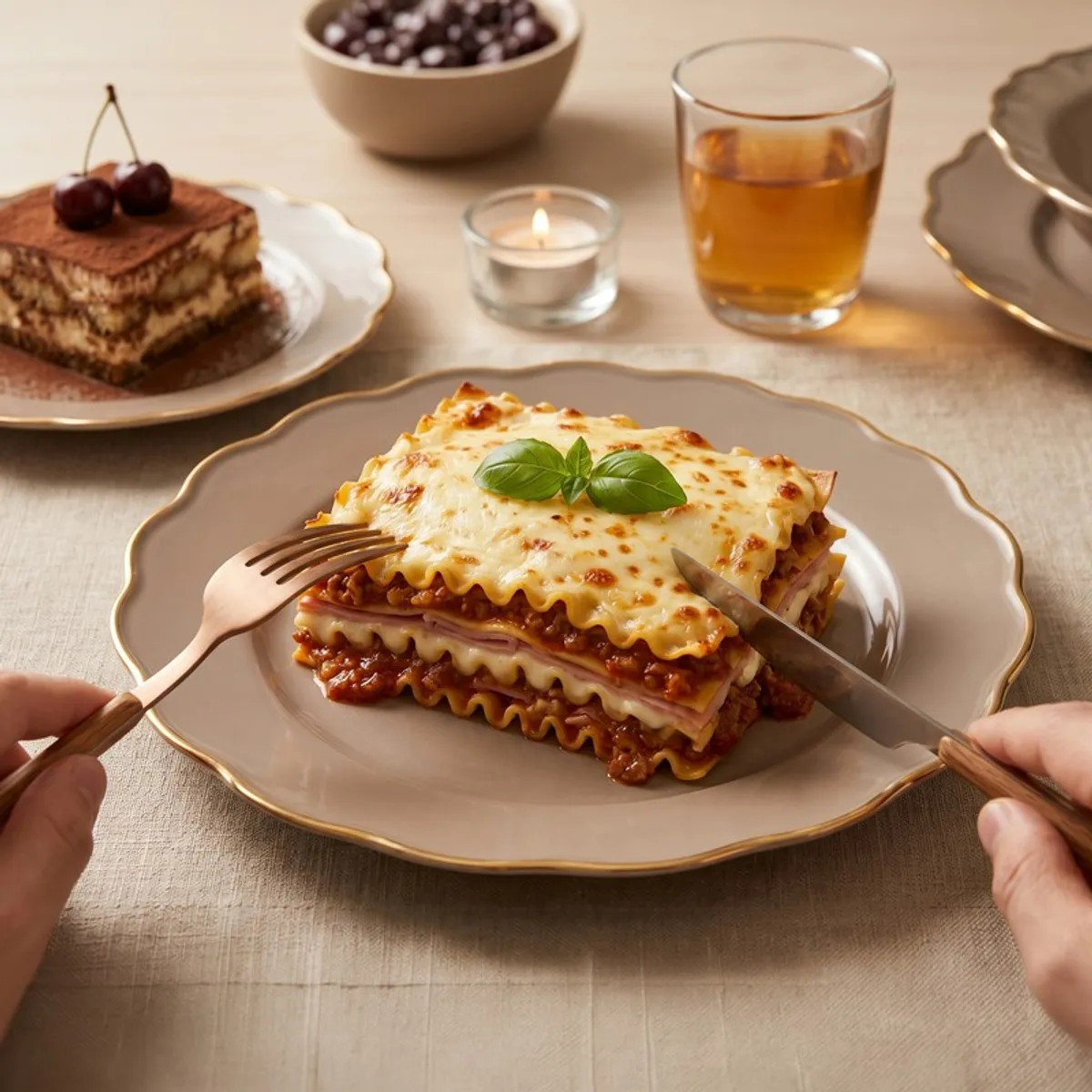 Thunder grey scalloped dinner plate with gold rim holding lasagna