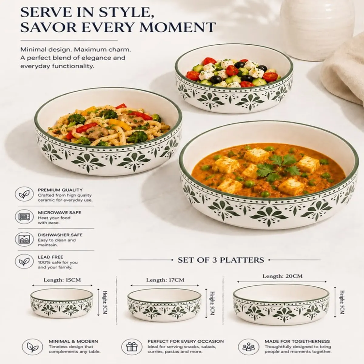 Three green floral bowls displayed with salad, pasta and curry dishes