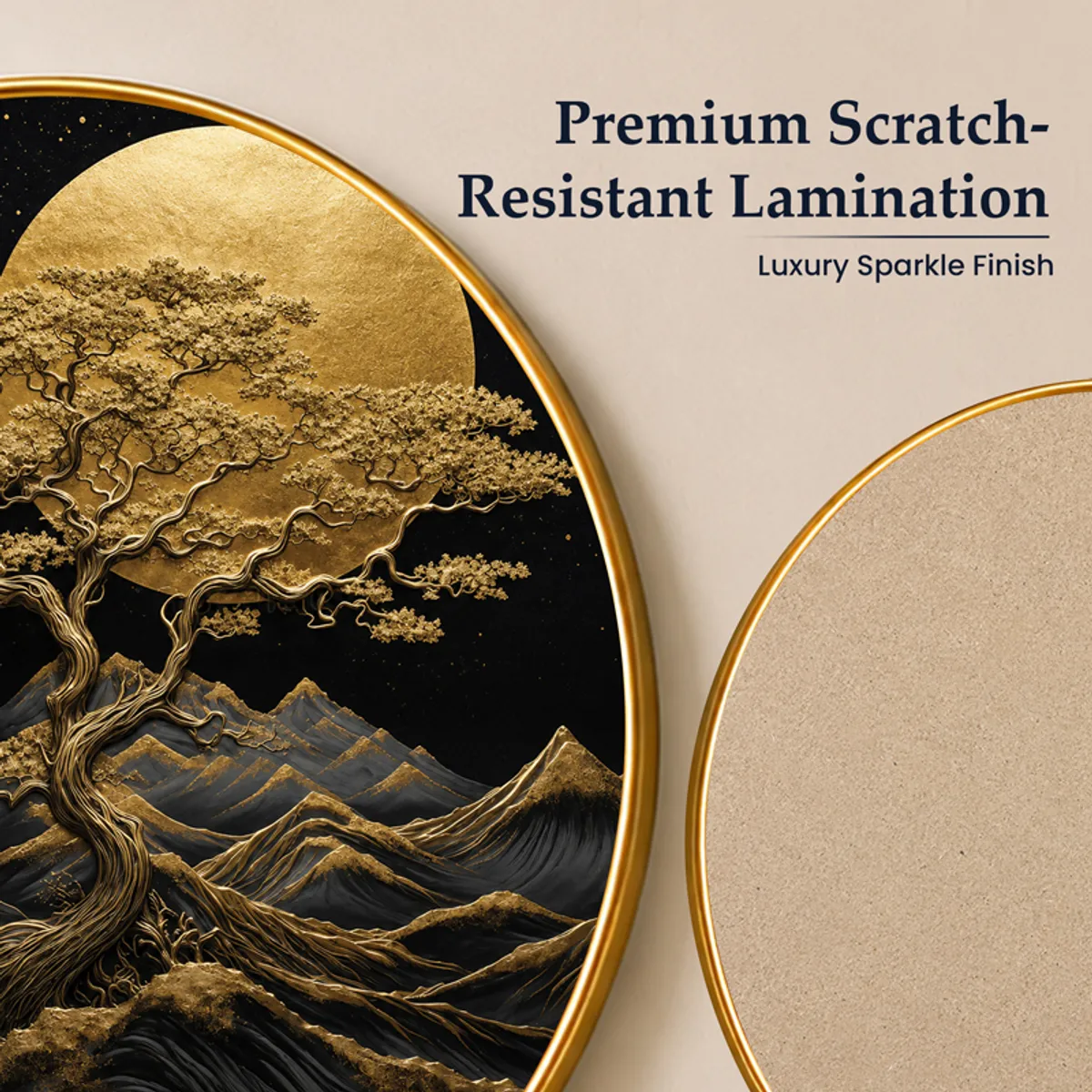 Close-up of black and gold wall art surface and plain back view