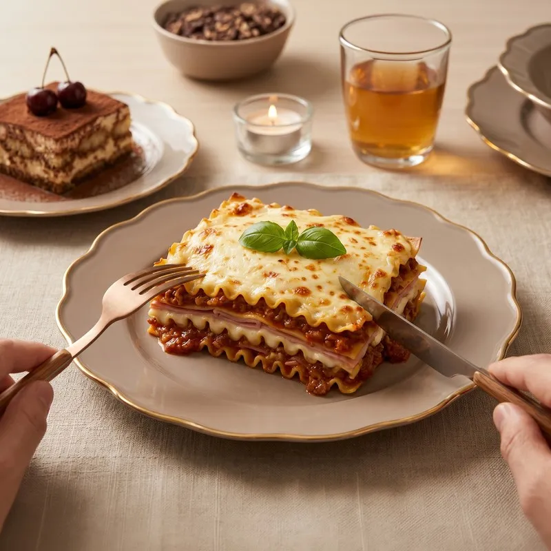 Grey scalloped plate with gold rim holding lasagna on a dining table