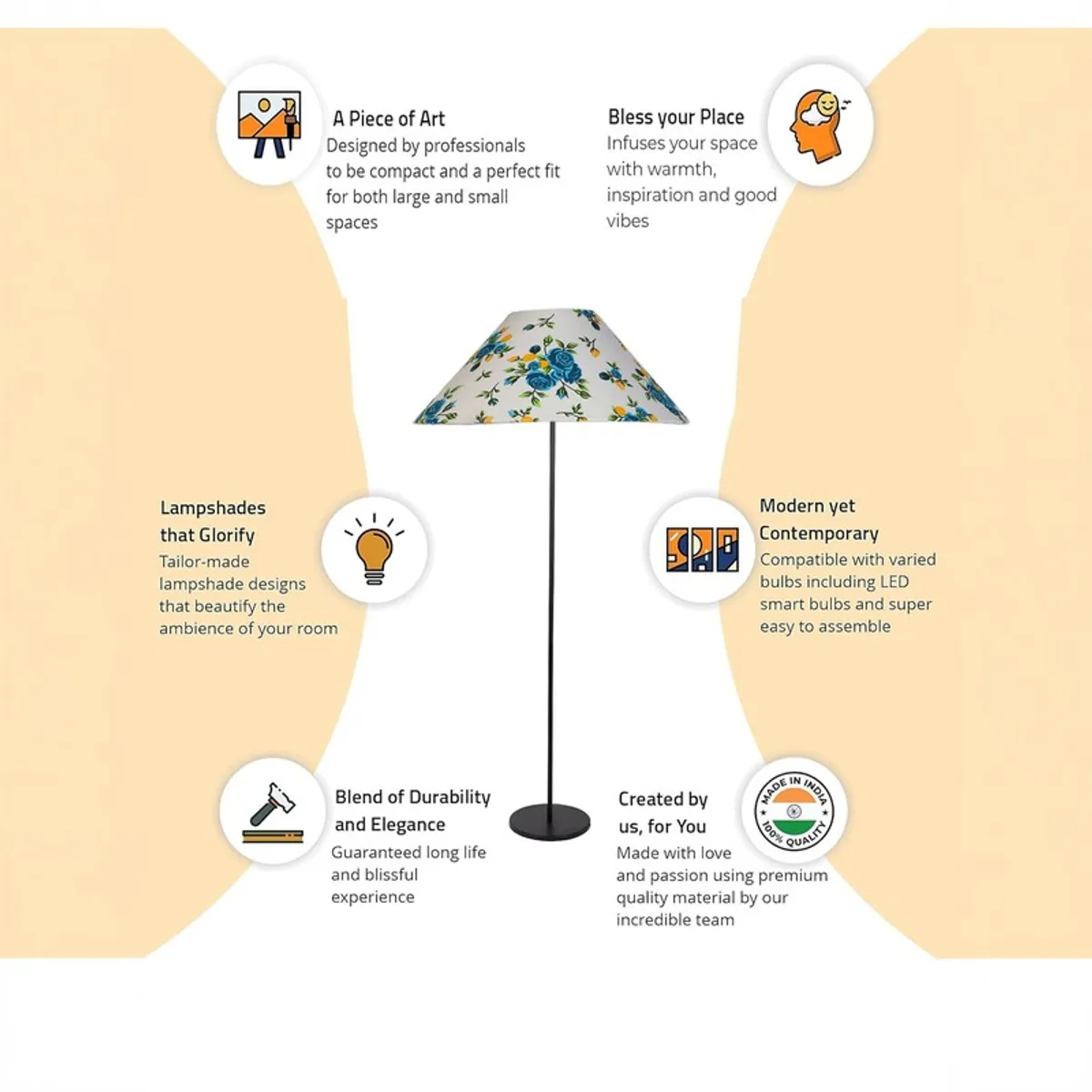 Informational graphic showing the floral floor lamp with illustrated feature callouts
