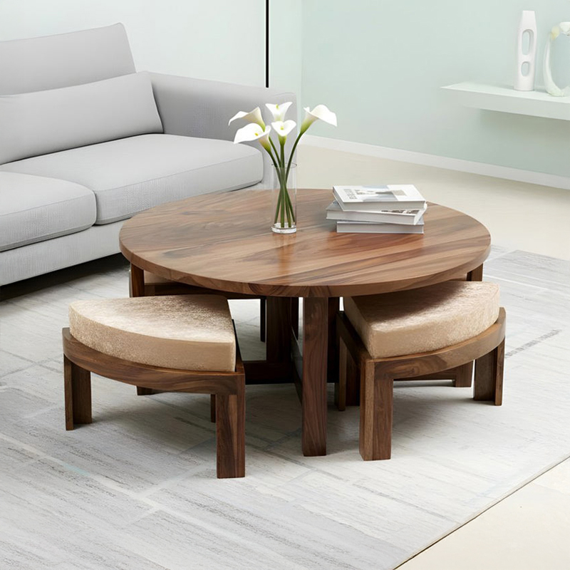 Iveron Sheesham Wooden Center Table with Stools and Cushions (Brown,Beige) - Nine Piece Set
