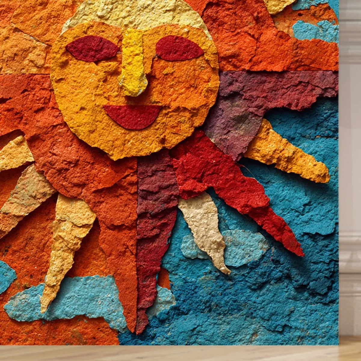 Close-up of the textured multicolour sun design on the canvas painting