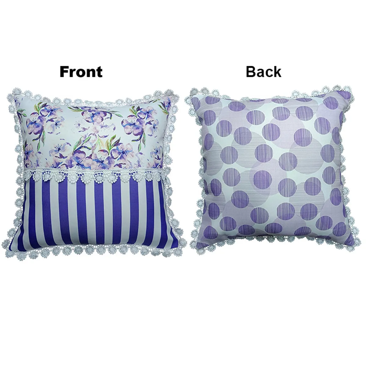 Front and back views of two square cushion covers with lace borders