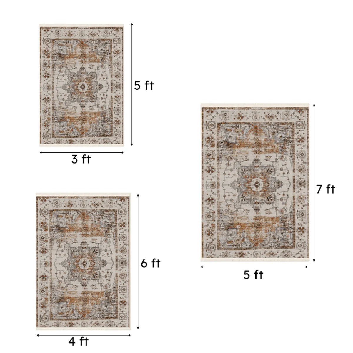 Three rectangular carpet size options shown in beige with ornate patterns