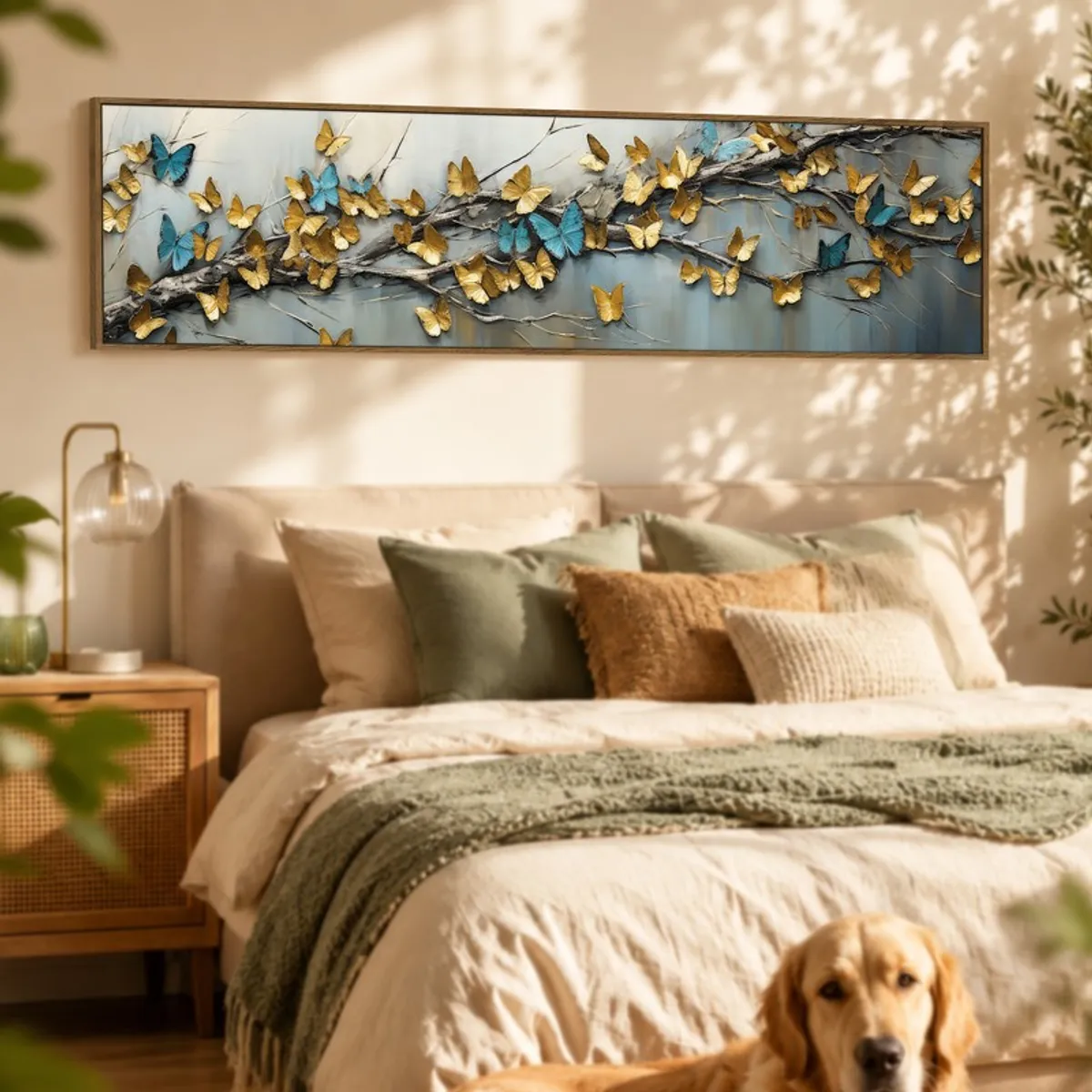 Panoramic butterfly wall art displayed above a neatly styled bed