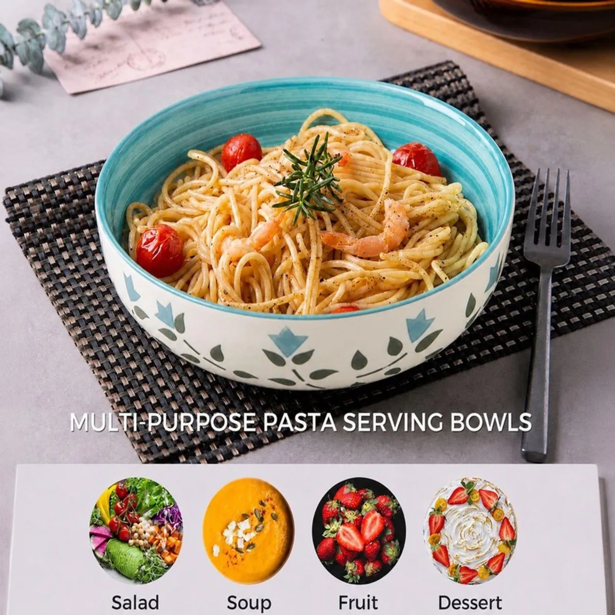 Blue and white ceramic bowl filled with pasta on a dining mat
